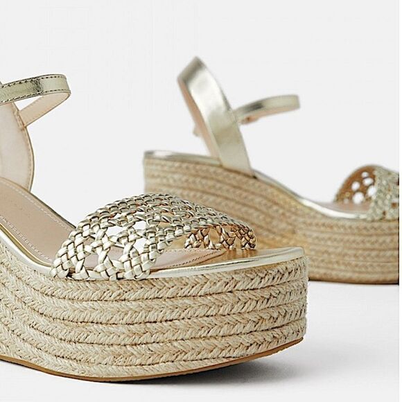 Zara Braided Gold Platform Wedge Esapadrille - Picture 5 of 12